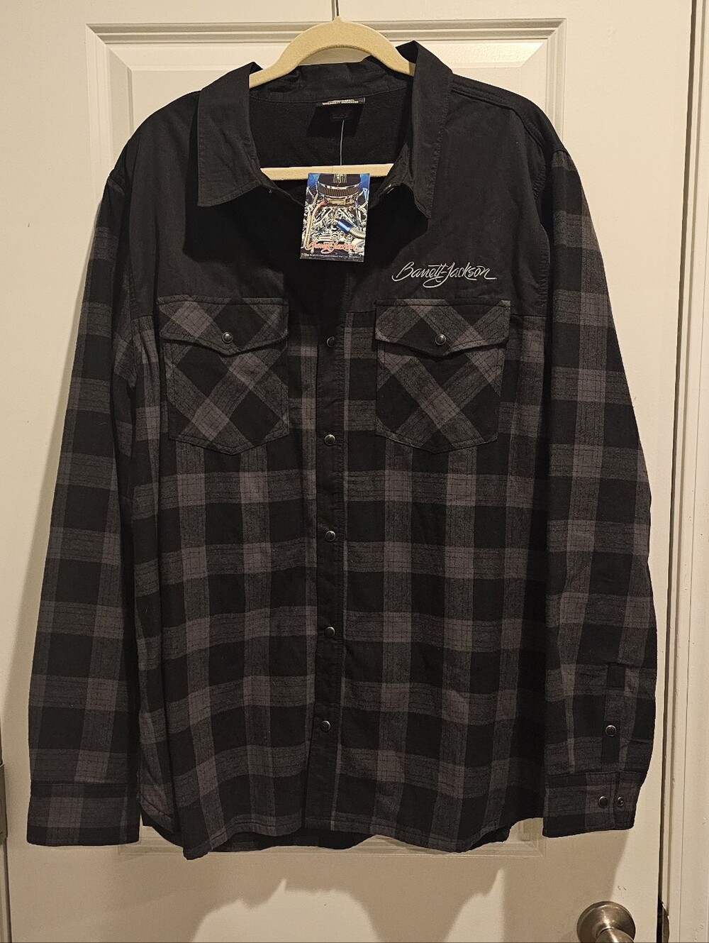 NWT Barrett-Jackson Mens 2XL Grey Black Plaid Flannel Snap Front Embroidered